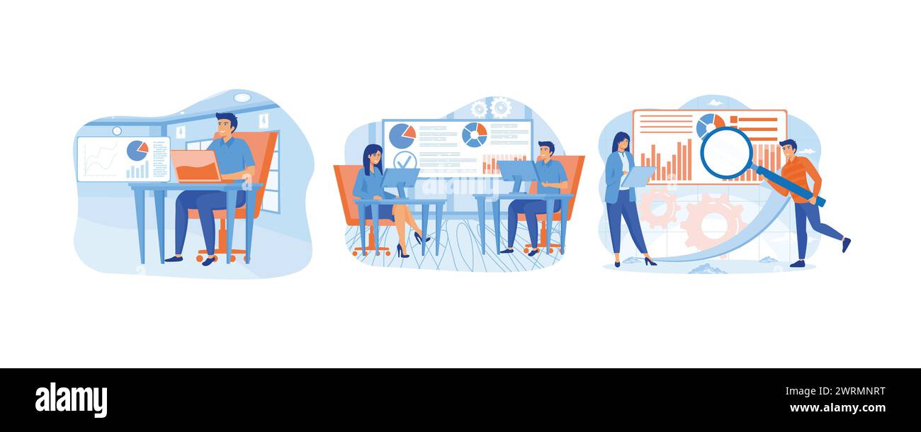 Data Scientist Job. Big-Data-Analyse. Analyse in der Finanzbranche. Moderne Illustration des flachen Vektors festlegen Stock Vektor