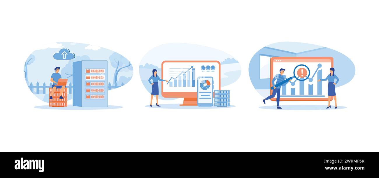 Big Data und Cloud-Computing. Geschäftsfrau, die Remote-Server zur Analyse großer Datenmengen nutzt. Fehler erkennen. Set Flat Vector modern illustr Stock Vektor