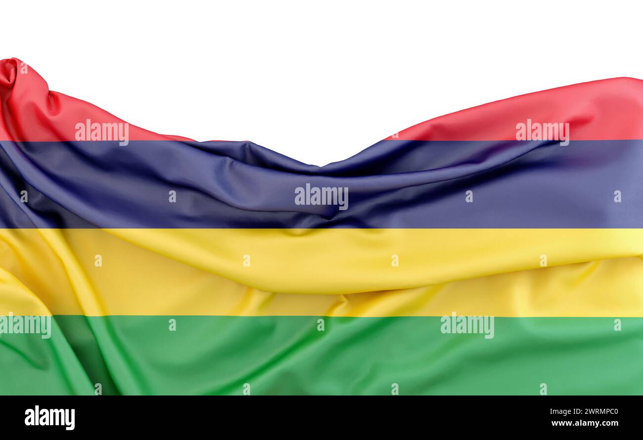 Flagge von Mauritius isoliert auf weißem Hintergrund mit Kopierraum darüber. 3D-Rendering Stockfoto