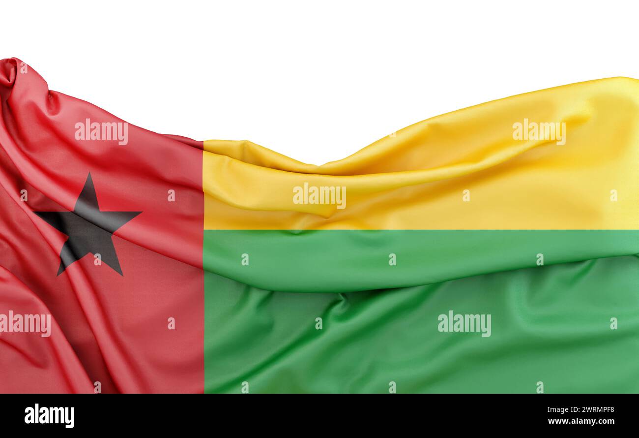 Flagge von Guinea-Bissau isoliert auf weißem Hintergrund mit Kopierraum darüber. 3D-Rendering Stockfoto