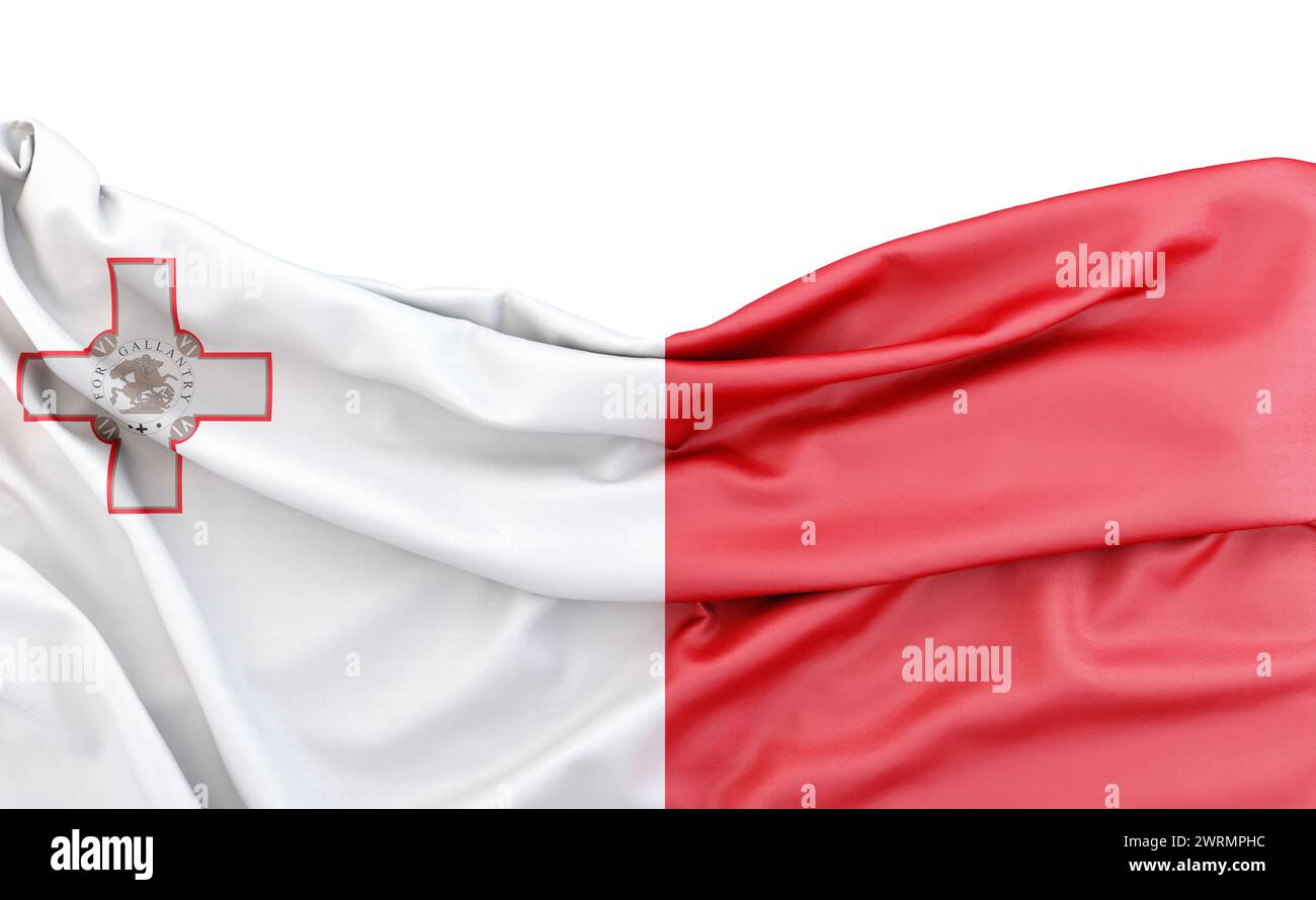 Flagge von Malta isoliert auf weißem Hintergrund mit Kopierraum darüber. 3D-Rendering Stockfoto