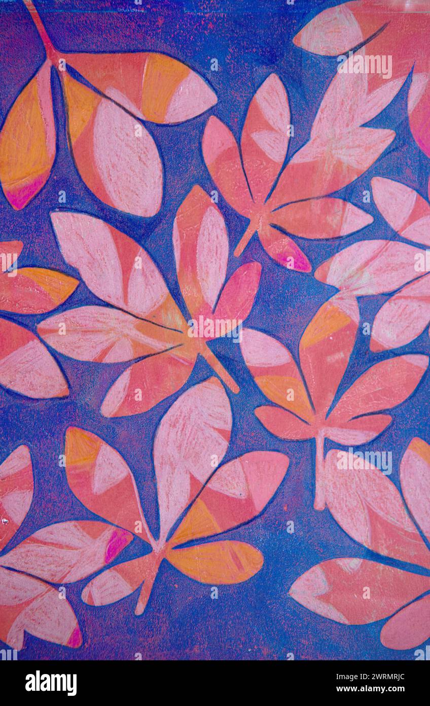 Mehrschichtiger Druck der Regenschirm-Blatt-Pflanze in farbenfrohen Acrylfarben Stockfoto