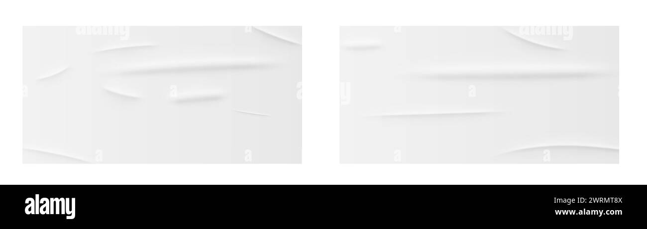 Weißer verklebter und faltiger Papierhintergrund. Nasses und faltenrealistisches Klebeband. Posterhintergrund. Scotch und Kanal, leerer Gummiaufkleber. Vektorabbildung Stock Vektor