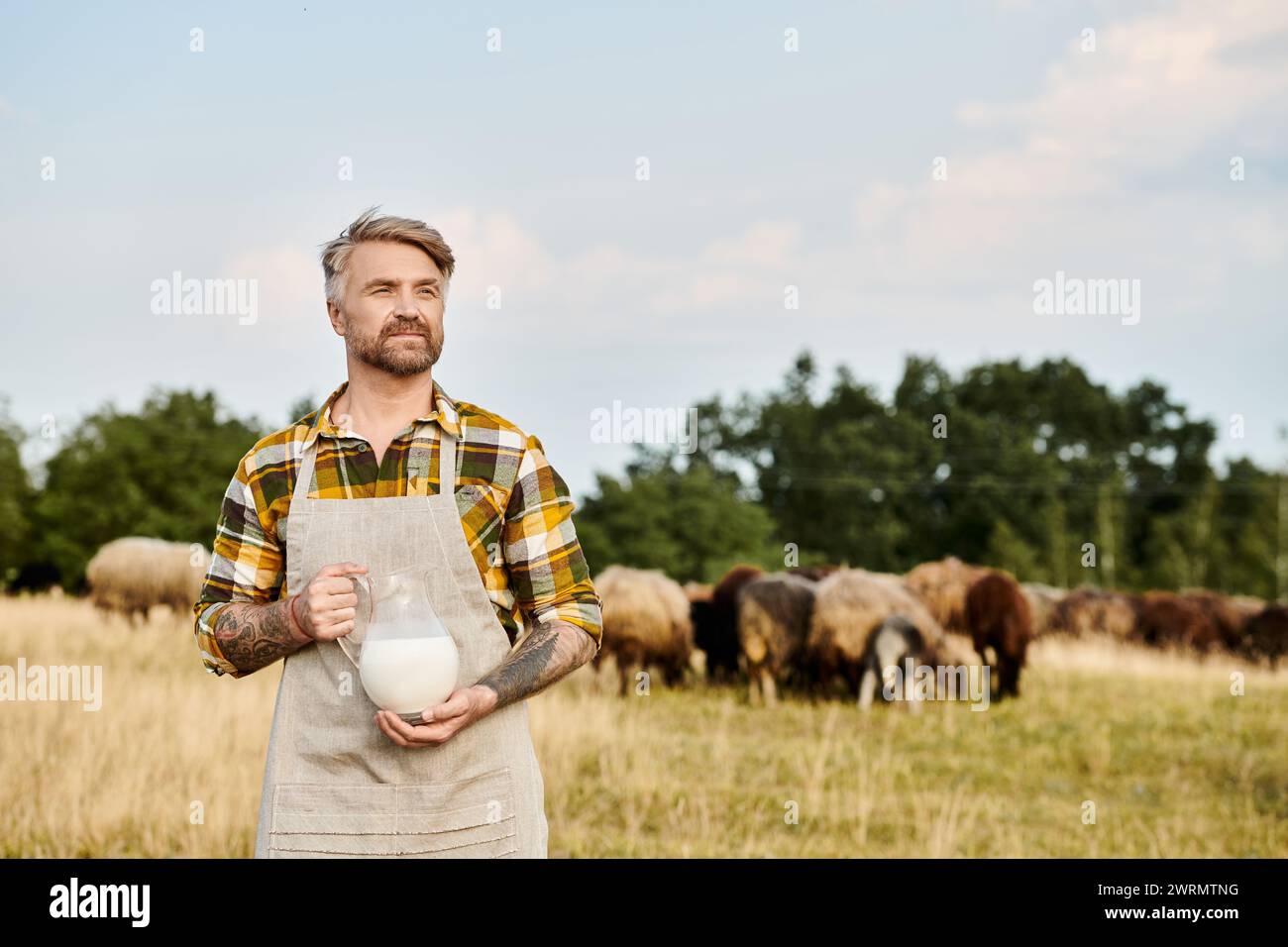Hübscher bärtiger, moderner Bauer mit Tattoos und einem Glas frischer Milch mit Schafen im Hintergrund Stockfoto