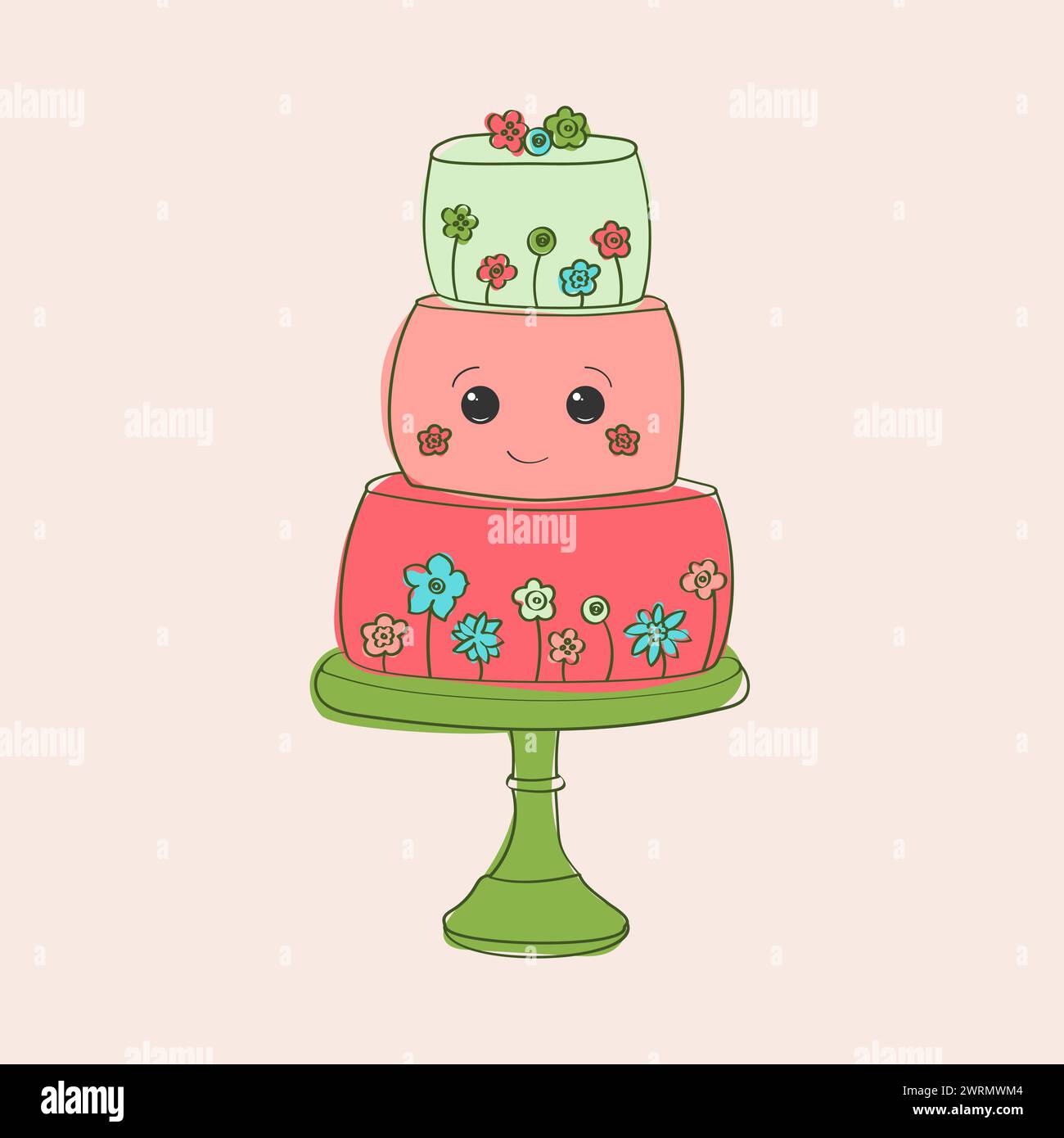 Ein dreistufiger Kuchen, dekoriert mit bunten Blumen oben. Die Kuchenschichten sind wunderschön mattiert und jede Schicht ist mit zarten Blumendekorationen verziert Stock Vektor