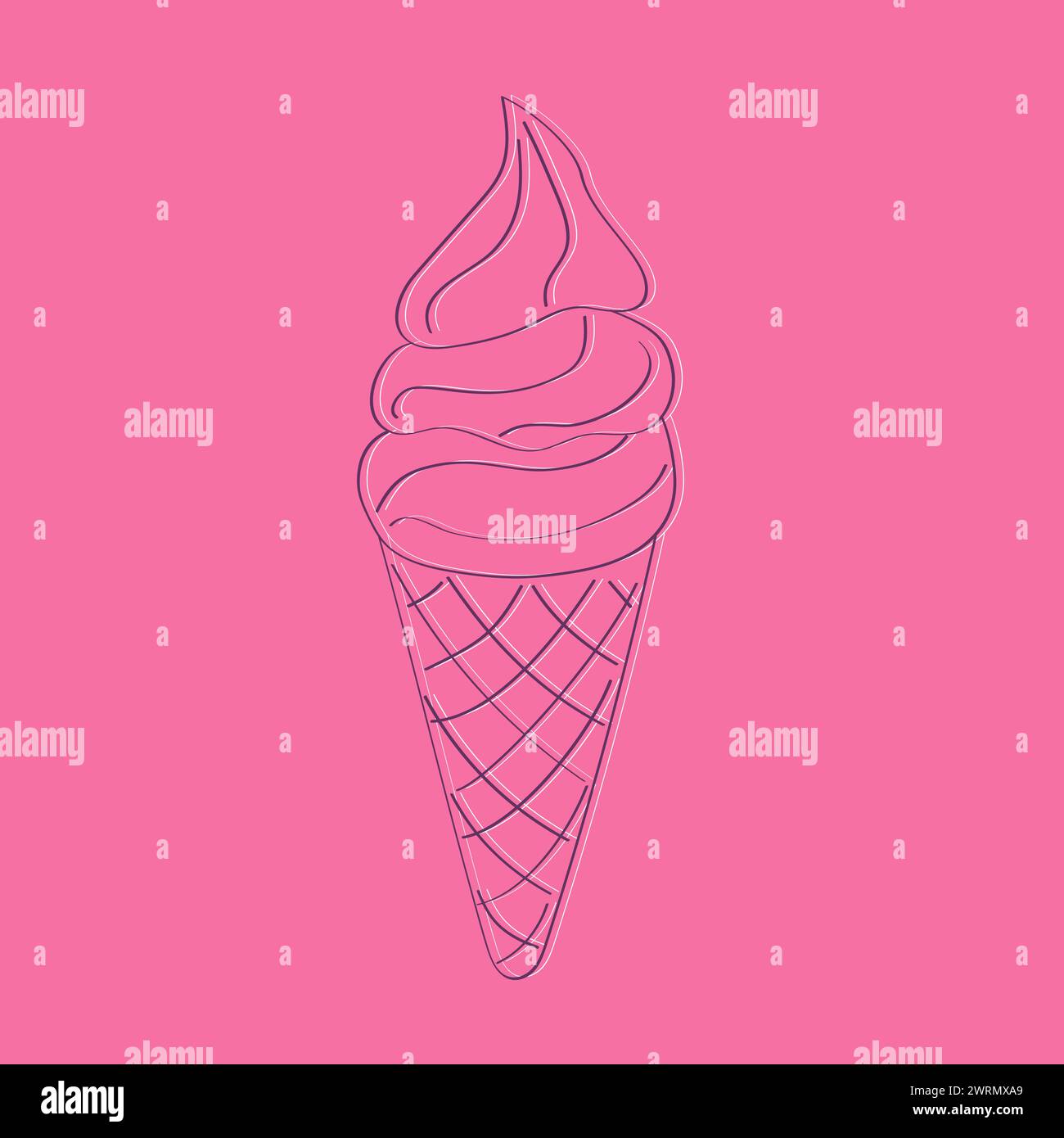 Eine Eiskugel im Doodle-Stil ist auf einem hellrosa Hintergrund abgebildet. Der Kegel ist gefüllt mit Eiswürfeln in Pastellfarben, die ein verspieltes und köstliches Bild schaffen Stock Vektor