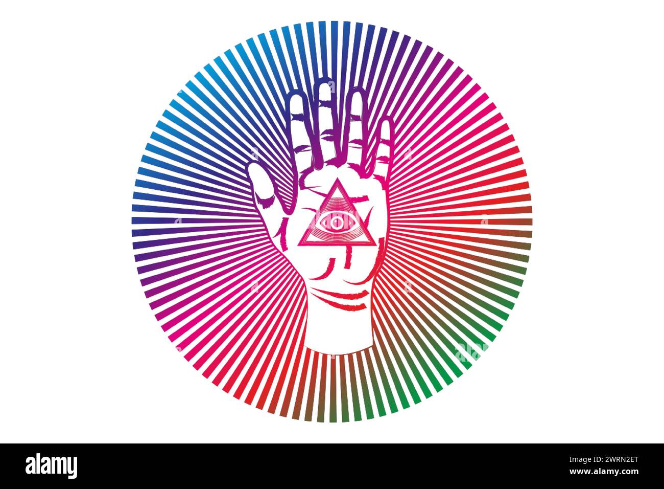Bunte psychedelische offene Palme mit allen sehenden Augen heiliges Freimaurersymbol, drittes Auge der Vorsehung, Dreieckspyramide. Neue Weltordnung. Alchemie-Symbol, Stock Vektor