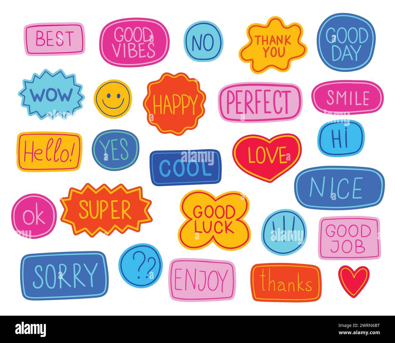 Handgezeichneter Aufkleber. Sammlung trendiger Pop Art Abzeichen. Smile Emoticon Pins. Stock Vektor