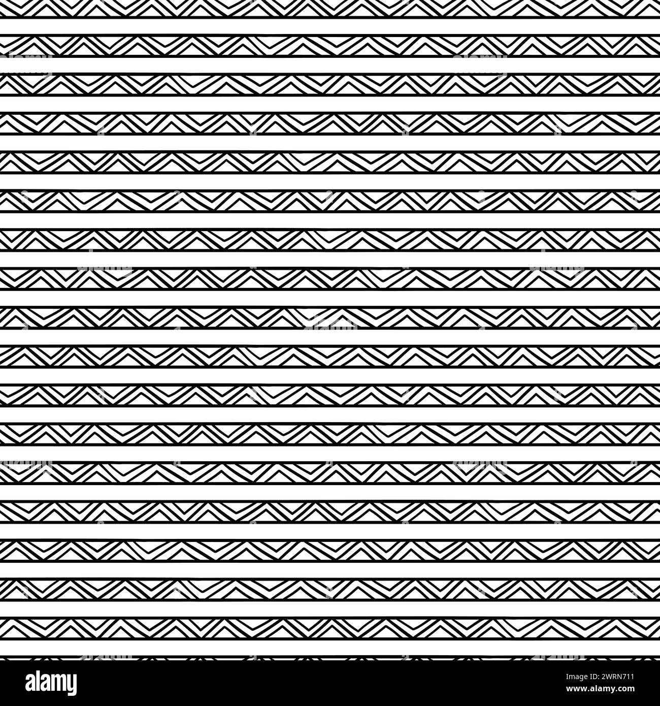 Doodle Zick Zag nahtloses Muster. Hand gezeichneter ethnischer schwarz-weißer Hintergrund Stock Vektor