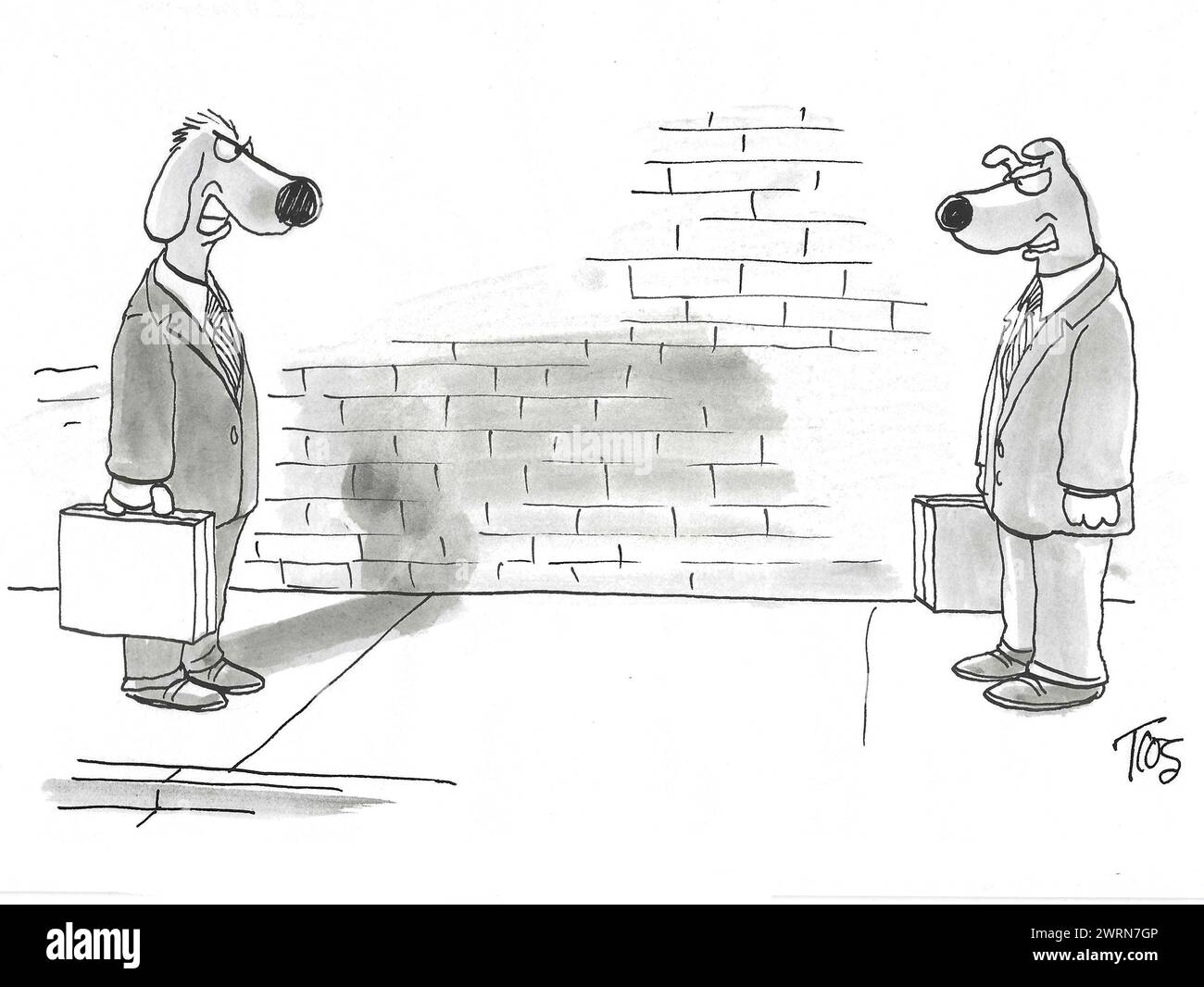 BW-Cartoon eines zufälligen Treffens von zwei Geschäftsfeinden, knurrenden Geschäftshunden. Stockfoto