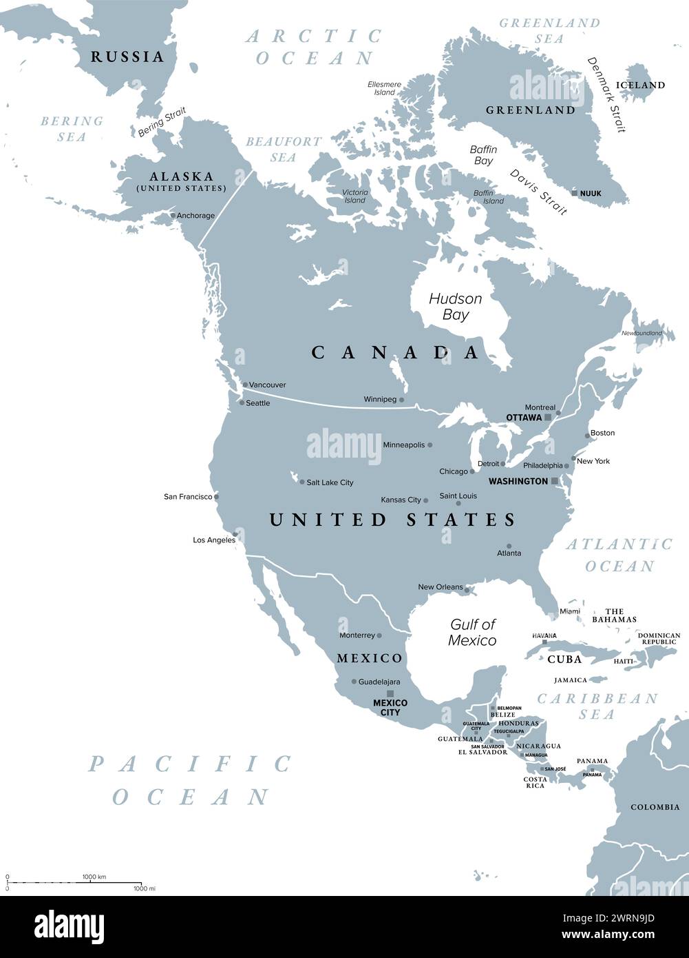 Nordamerika, graue politische Karte. Kontinent, begrenzt von Südamerika, Karibik und dem Arktischen, Atlantischen und Pazifischen Ozean. Stockfoto