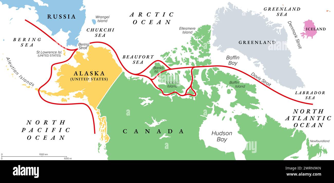 Nordwestpassage, NWP, politische Karte. Seeweg zwischen Atlantik und Pazifik durch den Arktischen Ozean, entlang der Küste Nordamerikas. Stockfoto