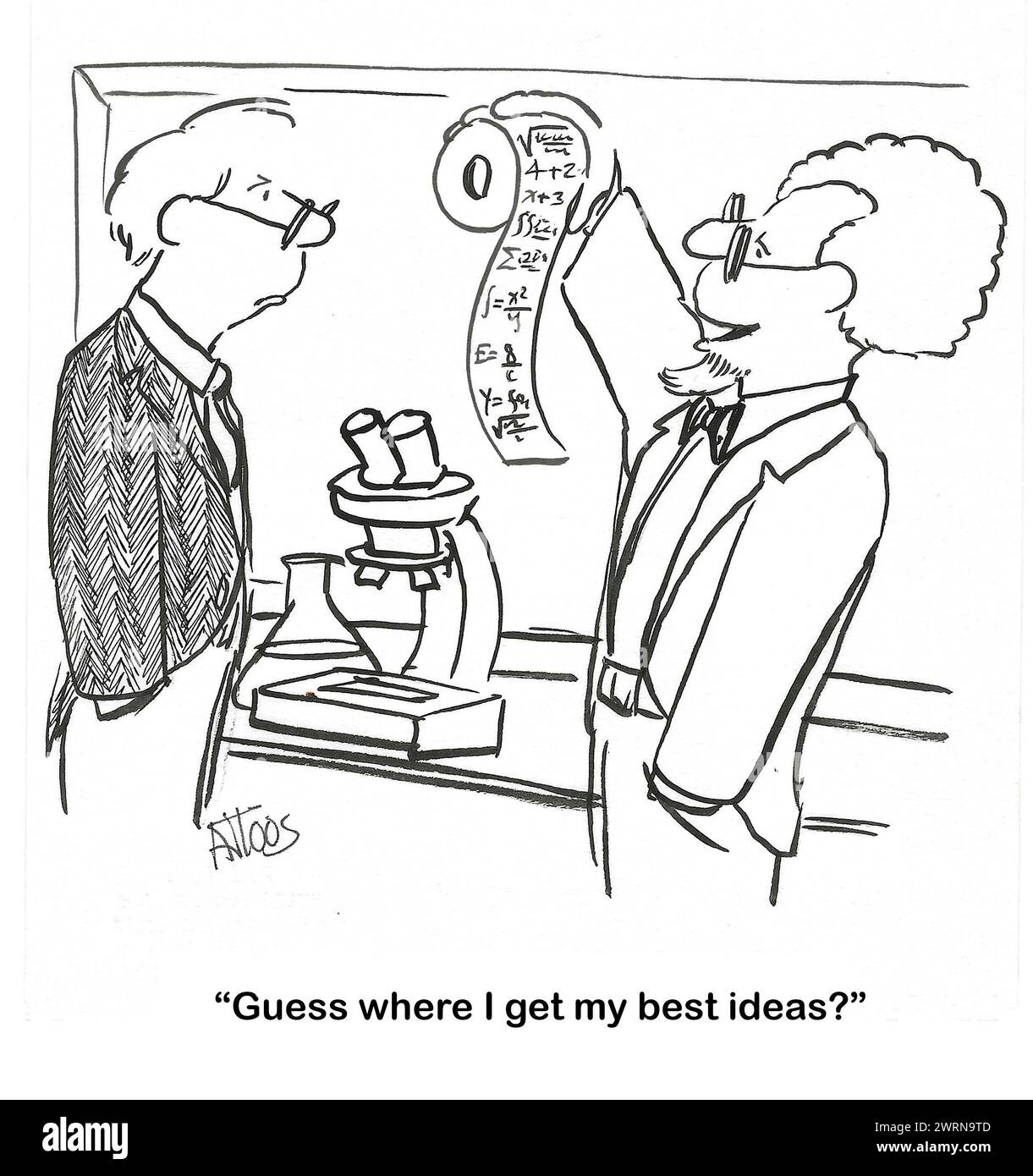 BW-Cartoon eines Wissenschaftlers, der seine besten Ideen im Badezimmer bekommt. Stockfoto