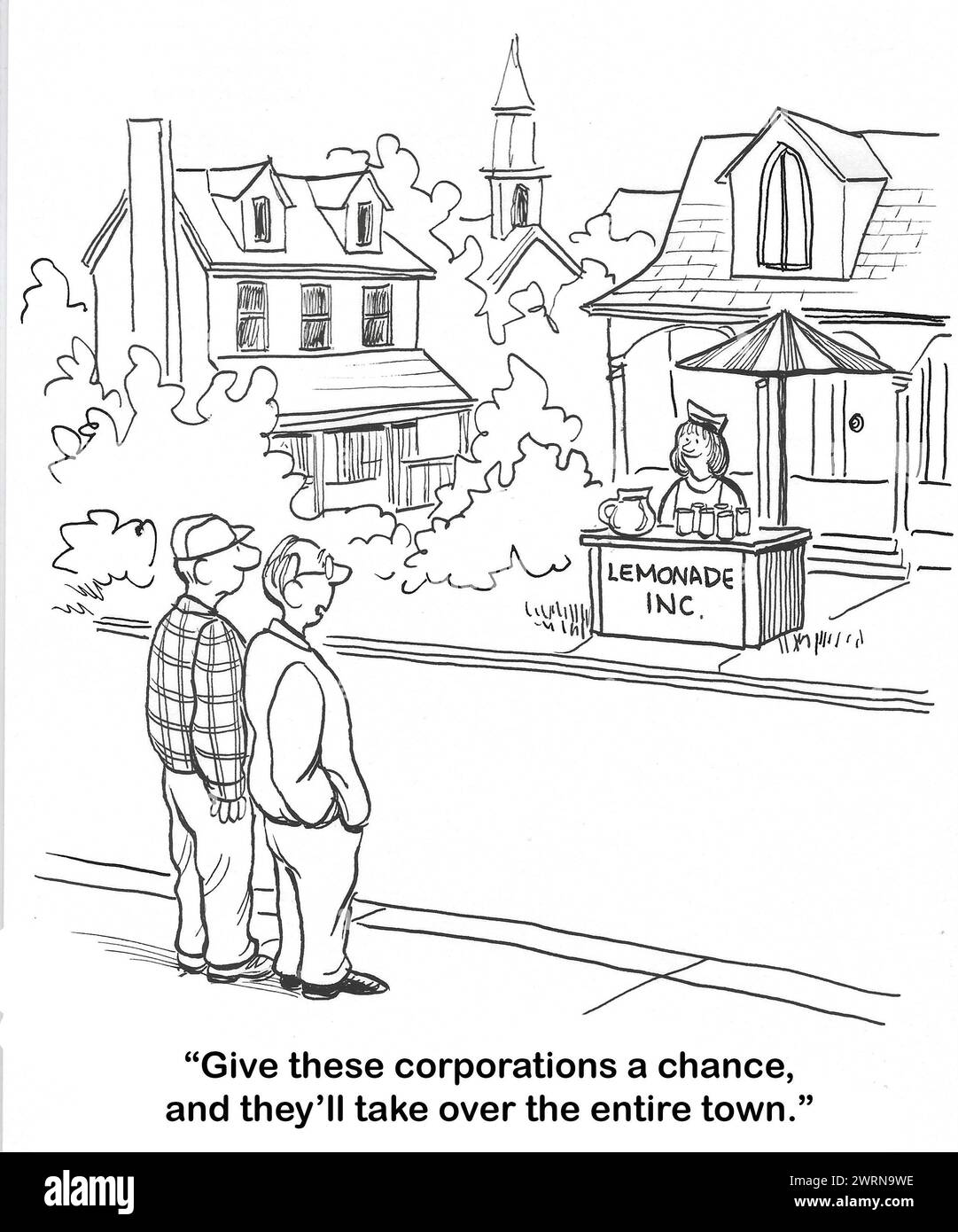BW Cartoon eines Limonadenständes neben einem Haus und Männern, die denken, dass „Unternehmen“ die Stadt übernehmen werden. Stockfoto