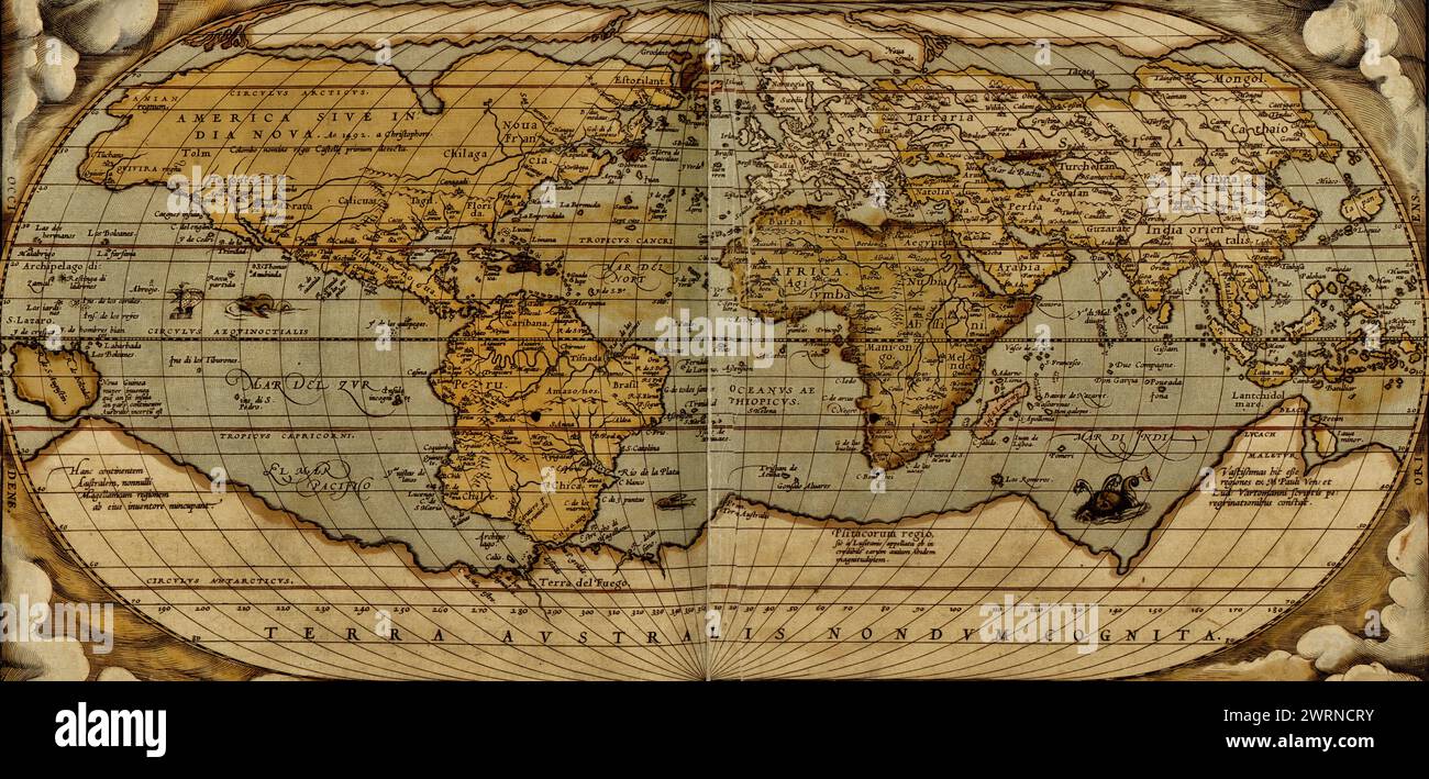 Eine antike Weltkarte von Abraham Ortelius, um 1570 Stockfoto