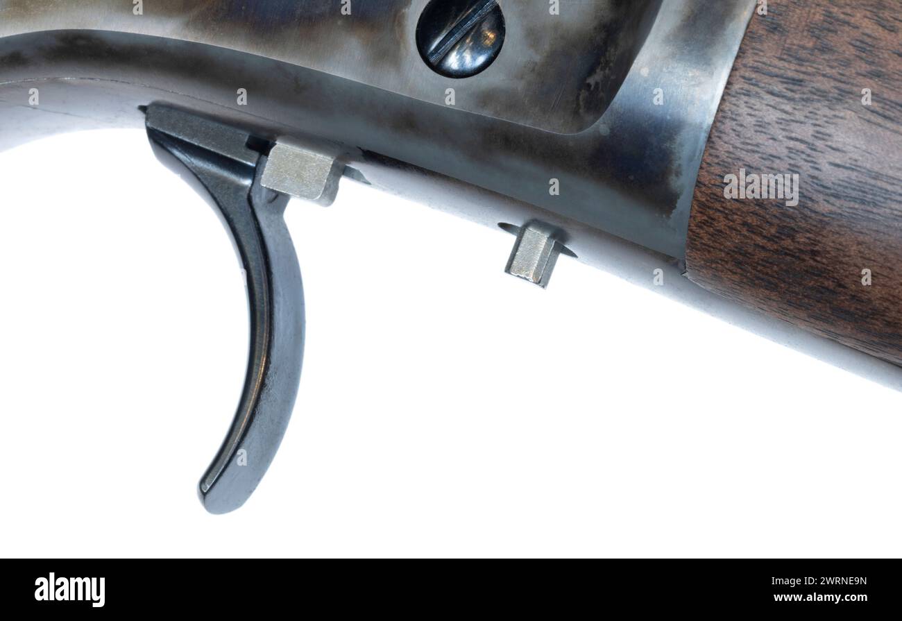 Stößel hinter dem Auslöser eines Cowboy-ähnlichen Hebelgewehrs, der bei einem solchen Ausfahren verhindert, dass die Pistole aus Sicherheitsgründen abfeuert Stockfoto