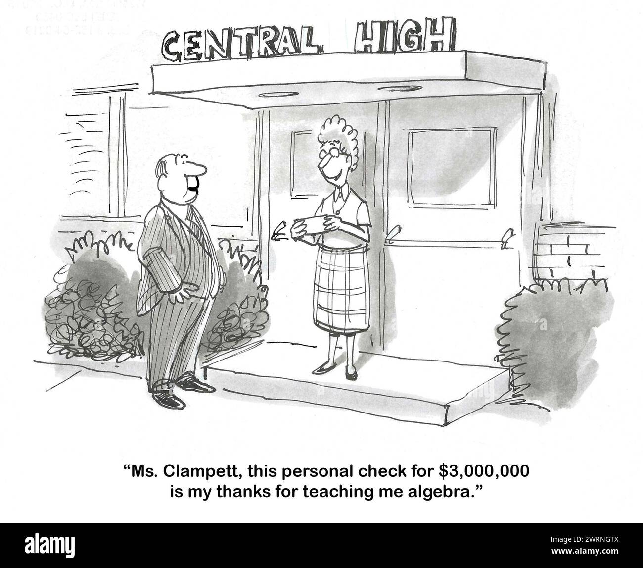 BW-Cartoon eines professionellen Mannes, der zu seinem Mathematiklehrer zurückgeht, mit einem 3 Millionen Dollar Scheck, um ihr dafür zu danken, dass sie ihm Algebra beigebracht hat. Stockfoto