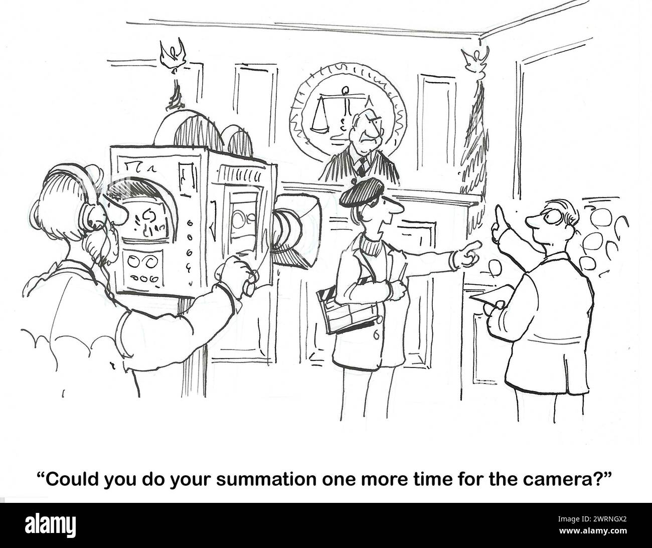 BW-Cartoon einer tv-Crew, die das Gerichtsverfahren filmt. Sie wollen, dass der Anwalt die Summe noch einmal macht. Stockfoto