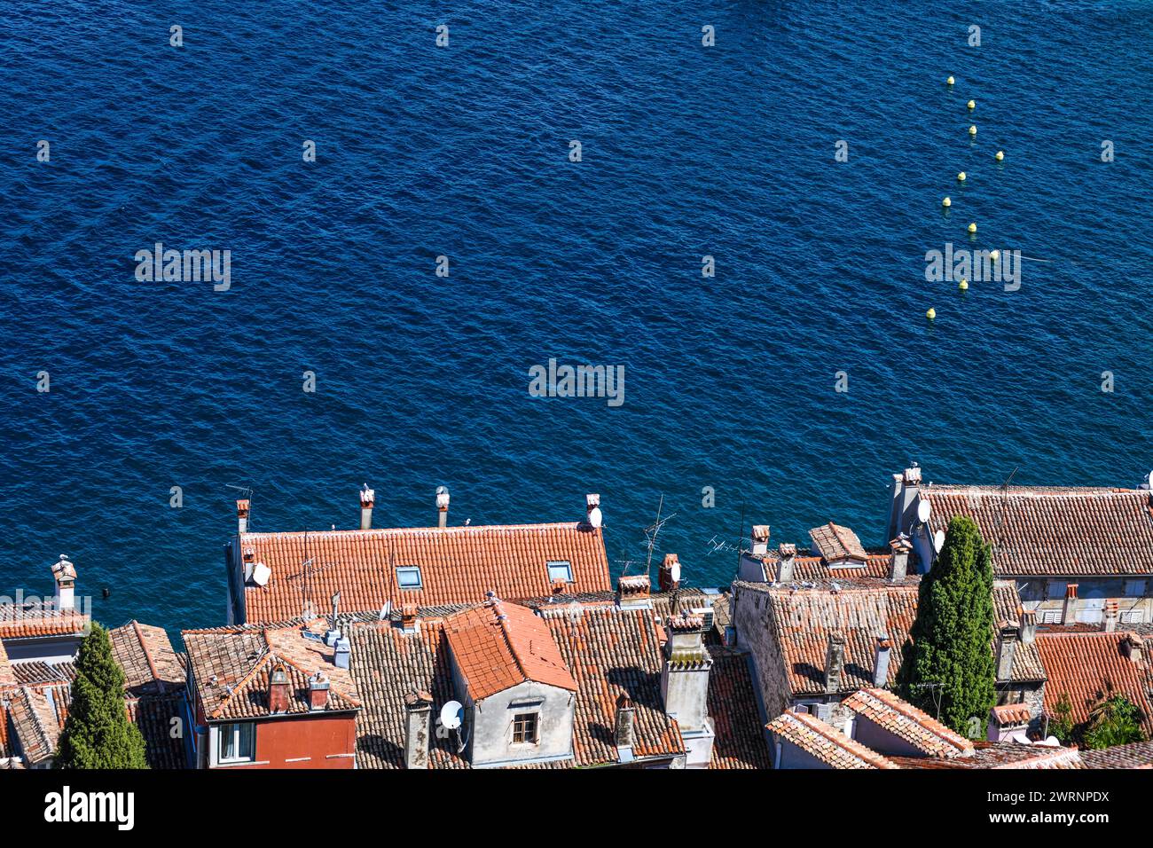 Rovinj: Küste der Altstadt, Blick vom Glockenturm der Kirche St. Euphemia. Kroatien Stockfoto