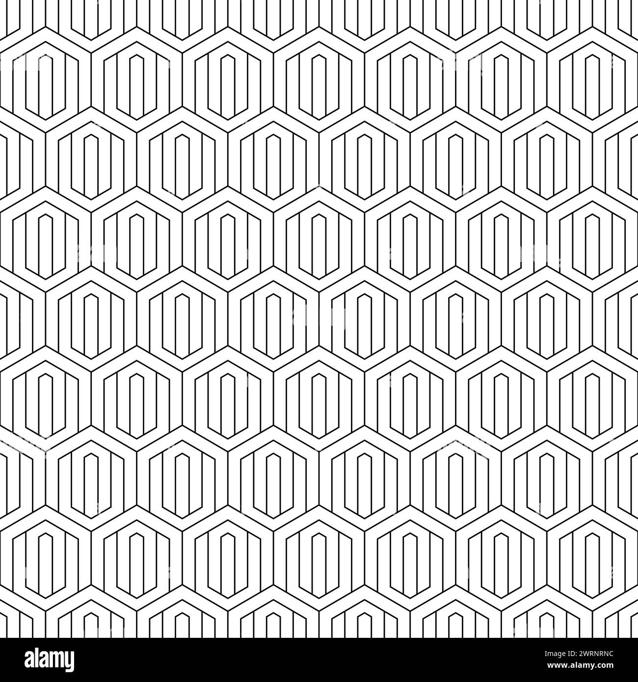Geometrisches nahtloses Muster. Sich wiederholendes sechseckiges Gitter. Wiederholte schwarze Waben isoliert auf weißem Hintergrund. Moderne abstrakte, sechseckige Muster Stock Vektor