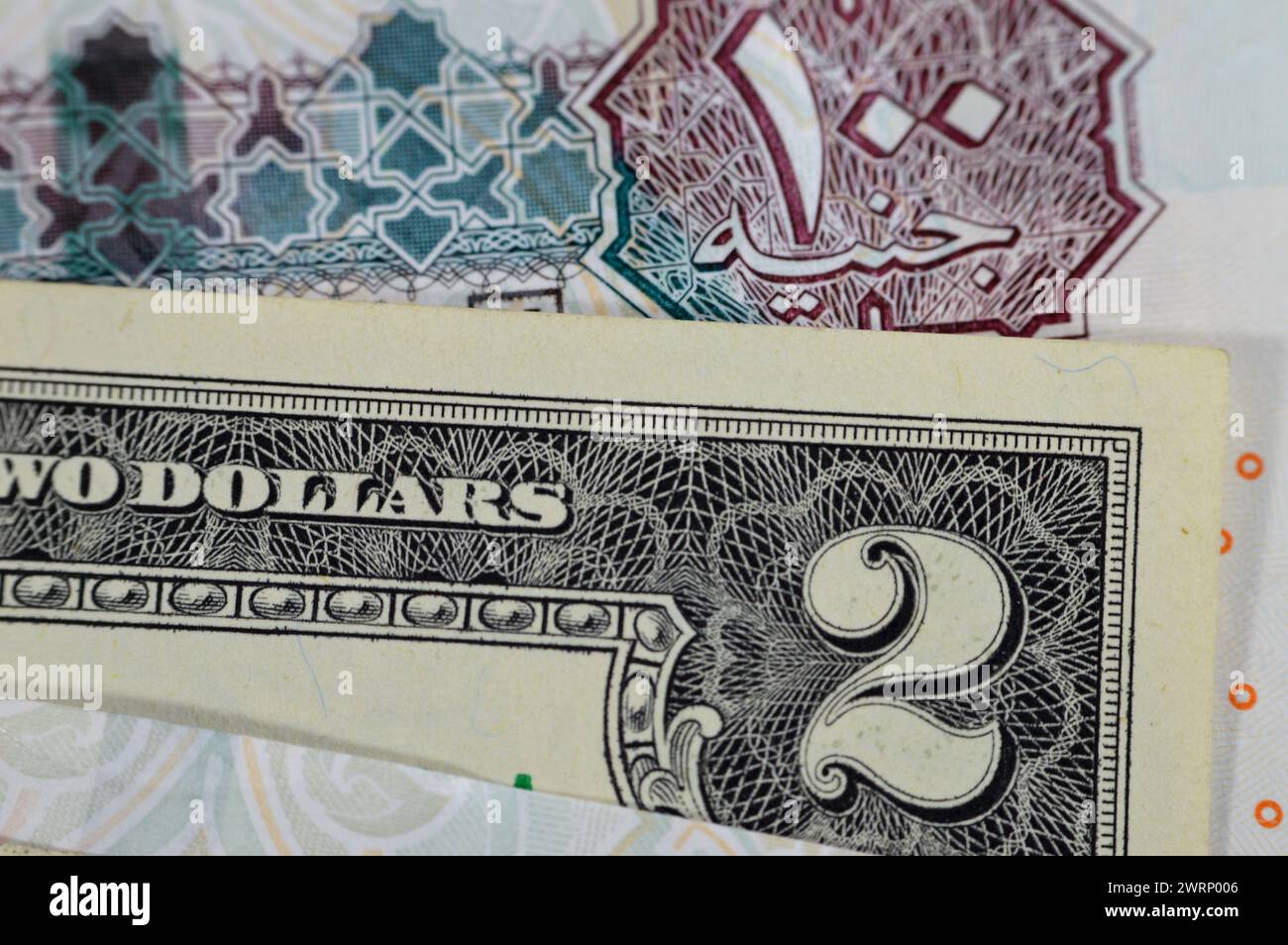 Amerikanische und ägyptische Geldscheine, Nahansicht von USD US-Dollar und ägyptische Geldscheine von Pfund, Wechselkurs konz Stockfoto