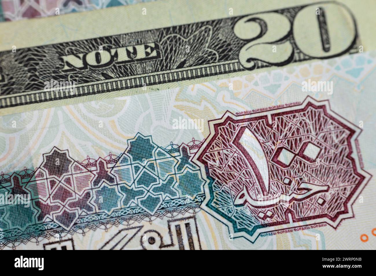 Amerikanische und ägyptische Geldscheine, Nahansicht von USD US-Dollar und ägyptische Geldscheine von Pfund, Wechselkurs konz Stockfoto