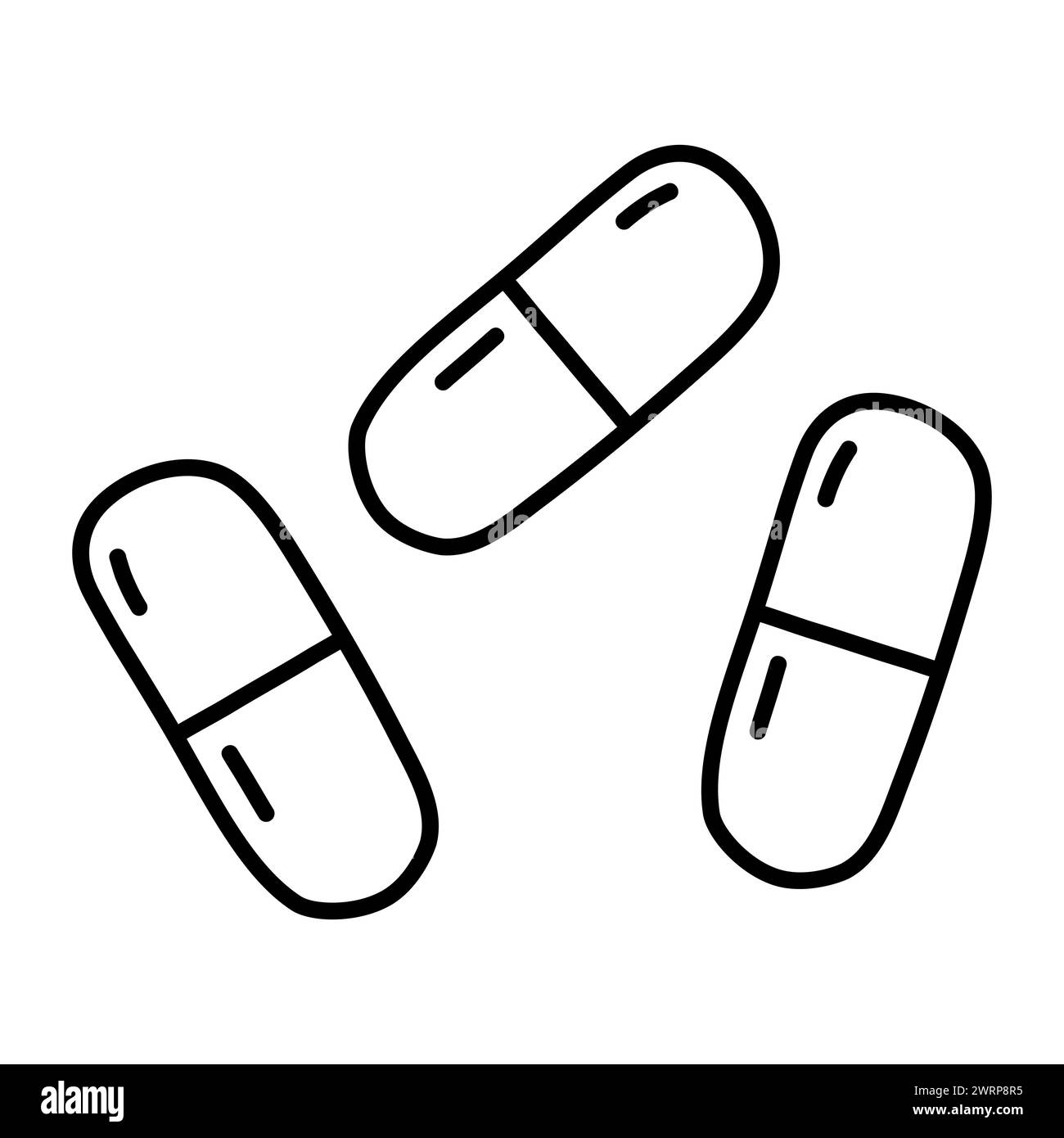 Zwei Teile Kapsel Tabletten oder Pillen, Erkältung und Grippe Behandlung, Doodle Stil flache Vektor Umrissillustration für Kinder Malbuch Stock Vektor
