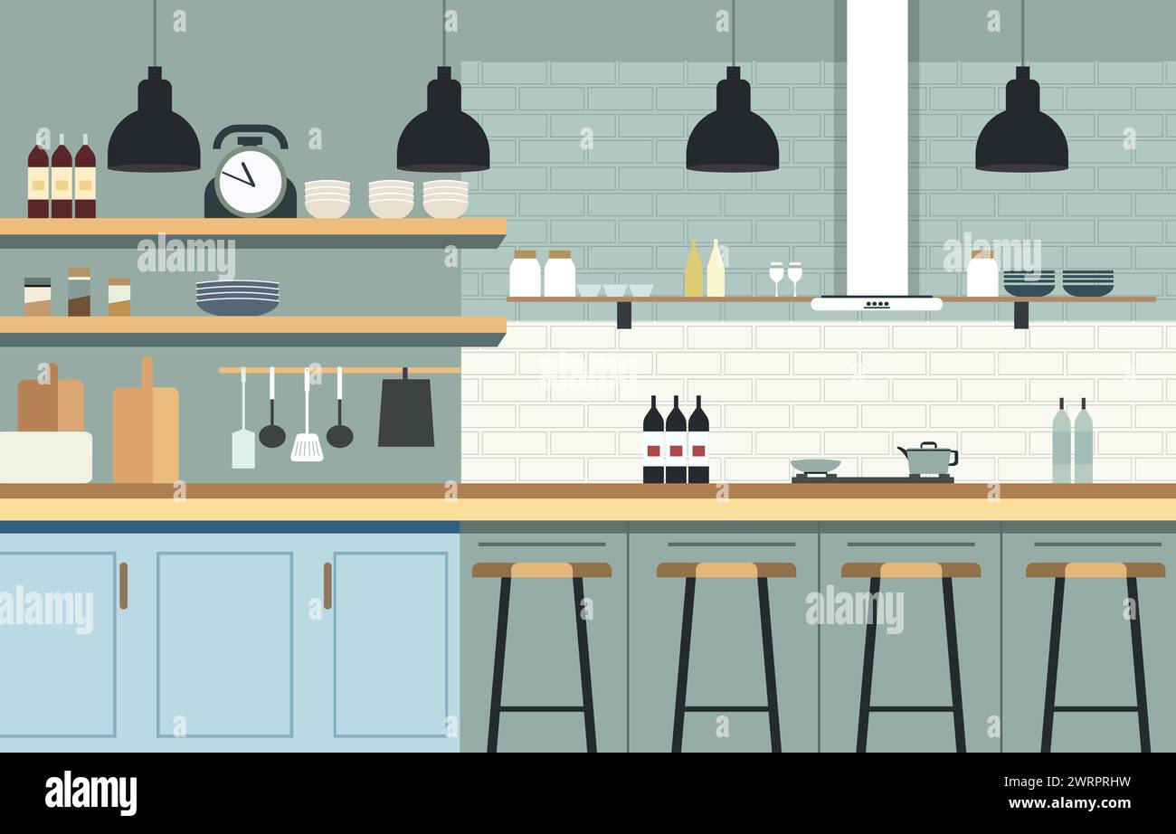 Flaches Design der Küche im Restaurant mit Küchenutensilien und Kundenstühlen Stock Vektor