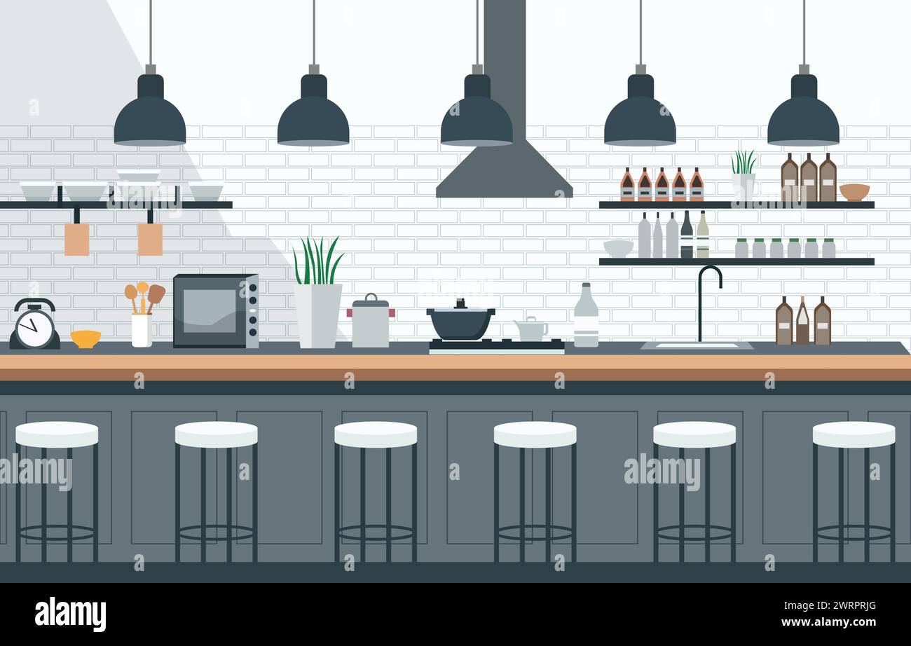 Flaches Design der Küche im Restaurant mit Küchenutensilien und Kundenstühlen Stock Vektor