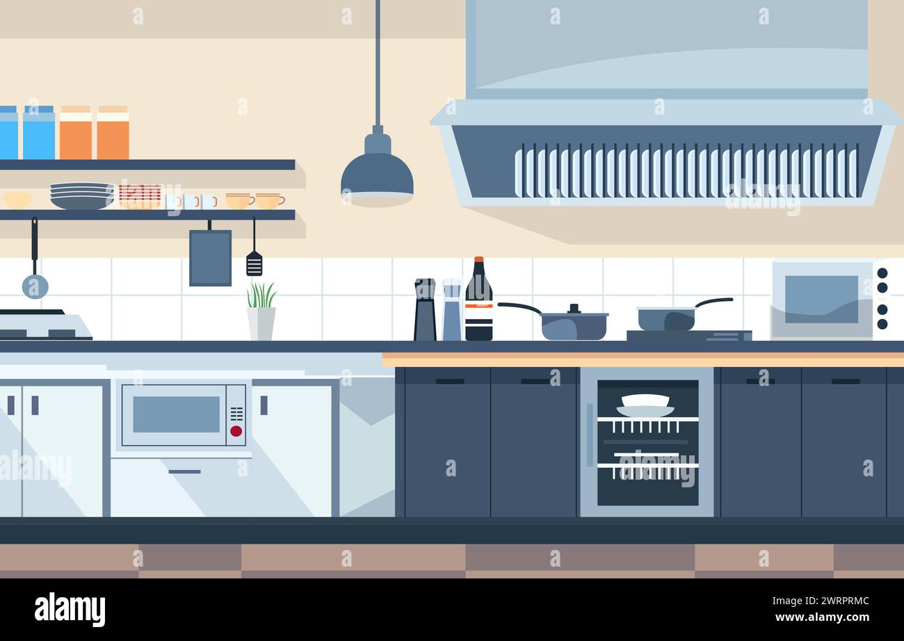 Flaches Design der modernen Kücheneinrichtung im Restaurant mit Abstellregalen und Herd Stock Vektor