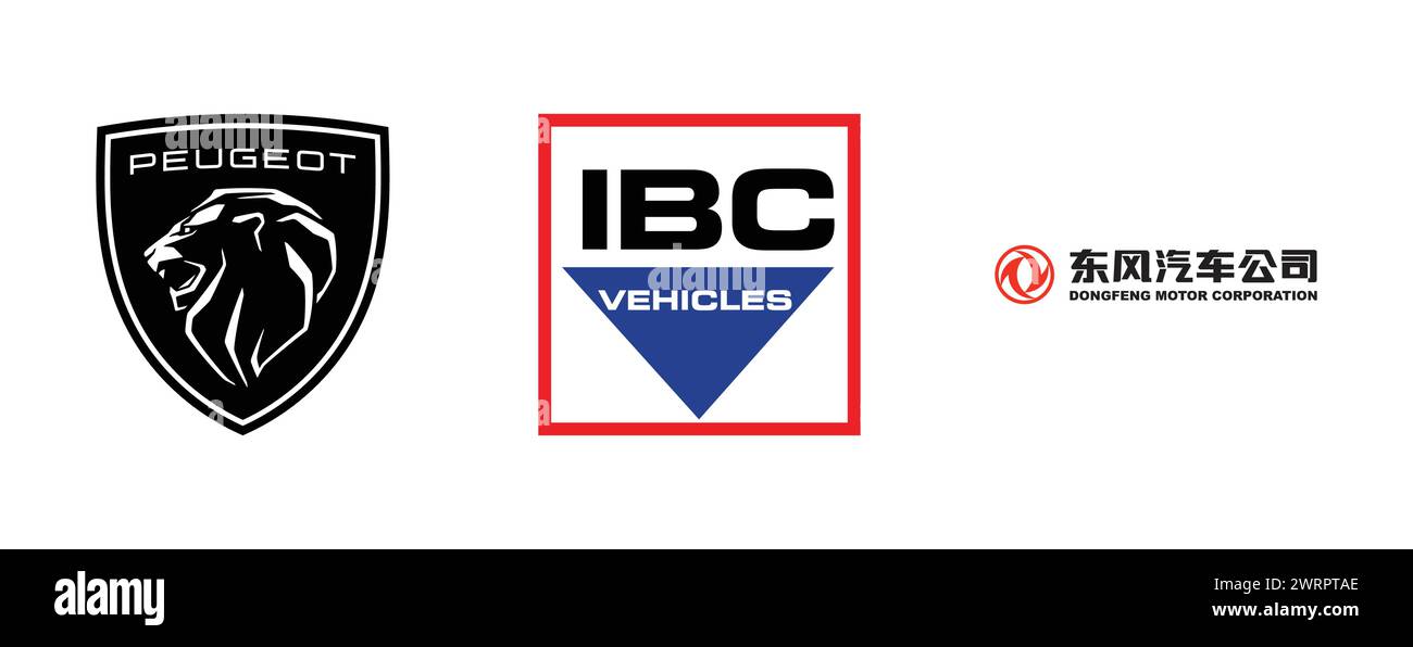 IBC-FAHRZEUGE, DONGFENG, PEUGEOT. Redaktionelle Vektor-Logo-Kollektion. Stock Vektor