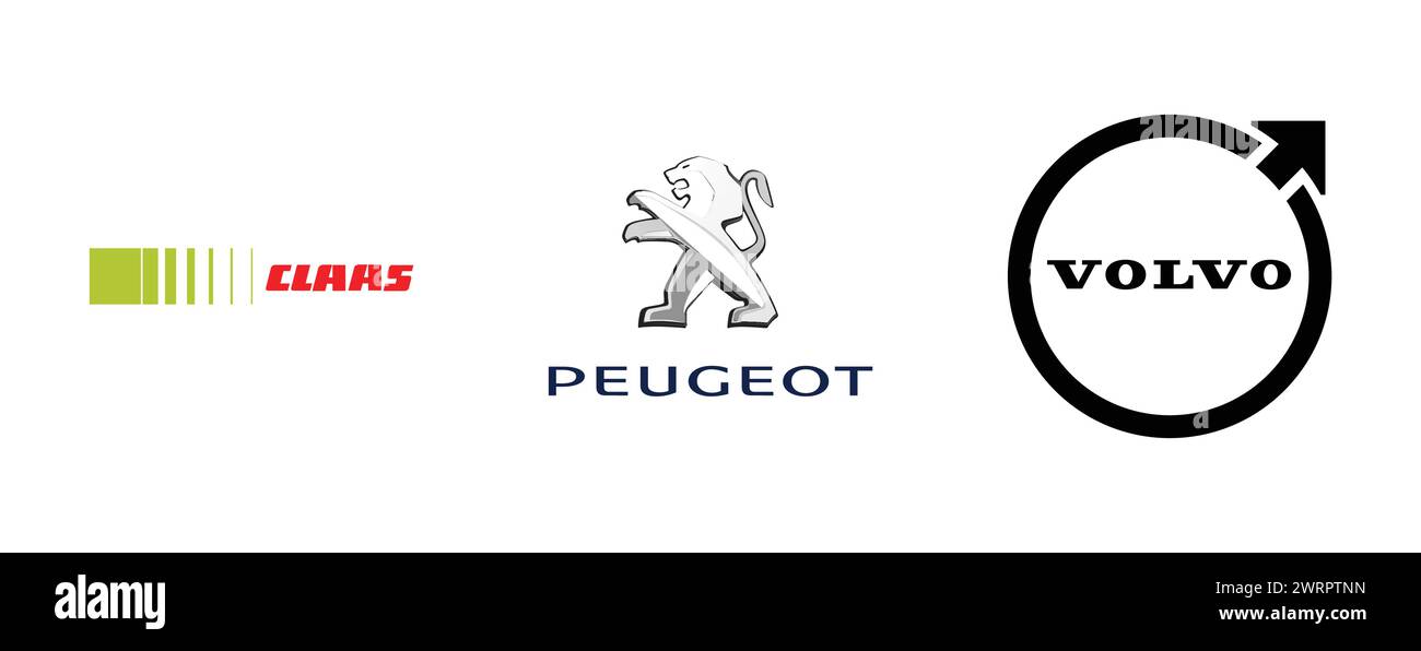 PEUGEOT, VOLVO, CLAAS. Redaktionelle Vektor-Logo-Kollektion. Stock Vektor