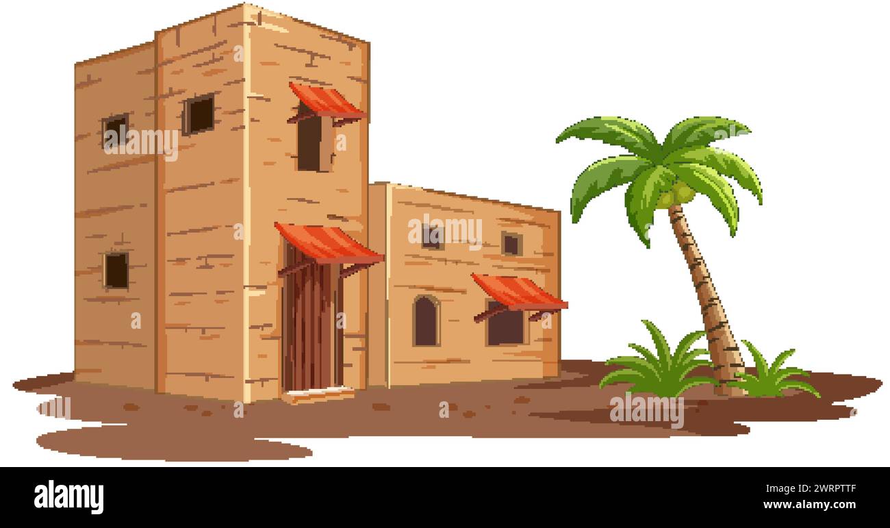 Vektorillustration von adobe-Gebäuden mit Palme Stock Vektor