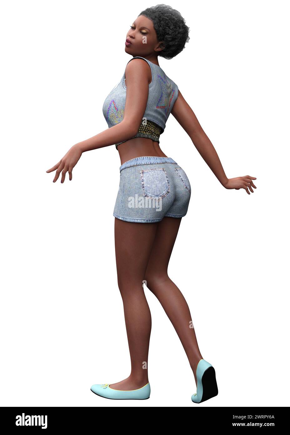 Afro american Girl trägt Sommer-Jeans-Shorts und -Weste, 3D-Illustration. Stockfoto