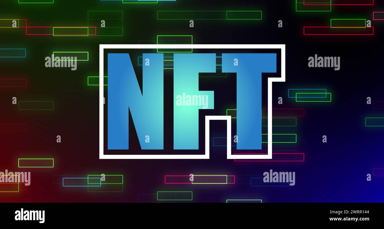 Bild des nft über schwarzem Hintergrund mit Neonrechtecken Stockfoto