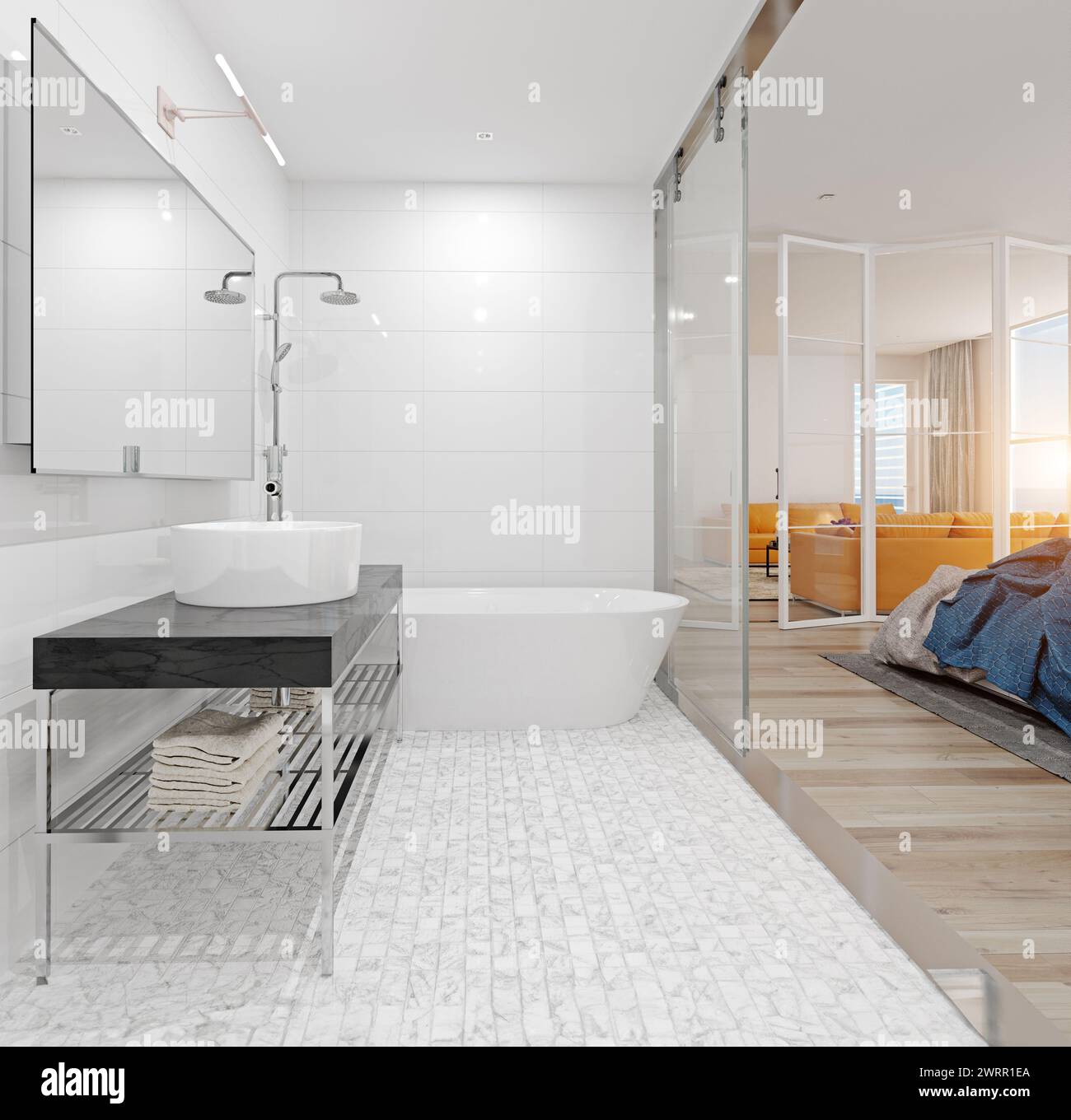 Modernes Bad im Schlafzimmer. 3D-rendering Konzept Stockfoto