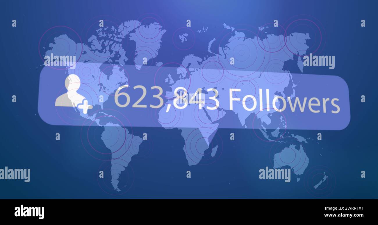 Profilsymbol mit zunehmenden Anhängern gegen pulsierende Kreise über der Weltkarte auf blauem Hintergrund Stockfoto