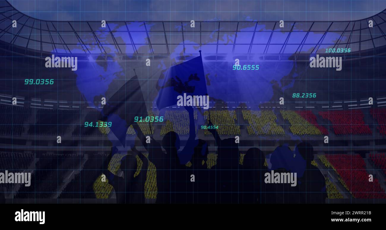 Mehrere Zahlen schweben über der Weltkarte gegen die Silhouette von Fans und Sportstadion im Hintergrund Stockfoto