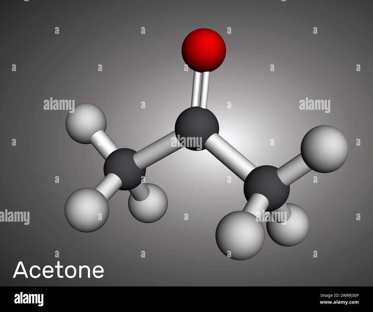 Acetonketon-Molekül. Es handelt sich um ein organisches Lösungsmittel. Molekulares Modell. 3D-Rendering. Abbildung Stockfoto