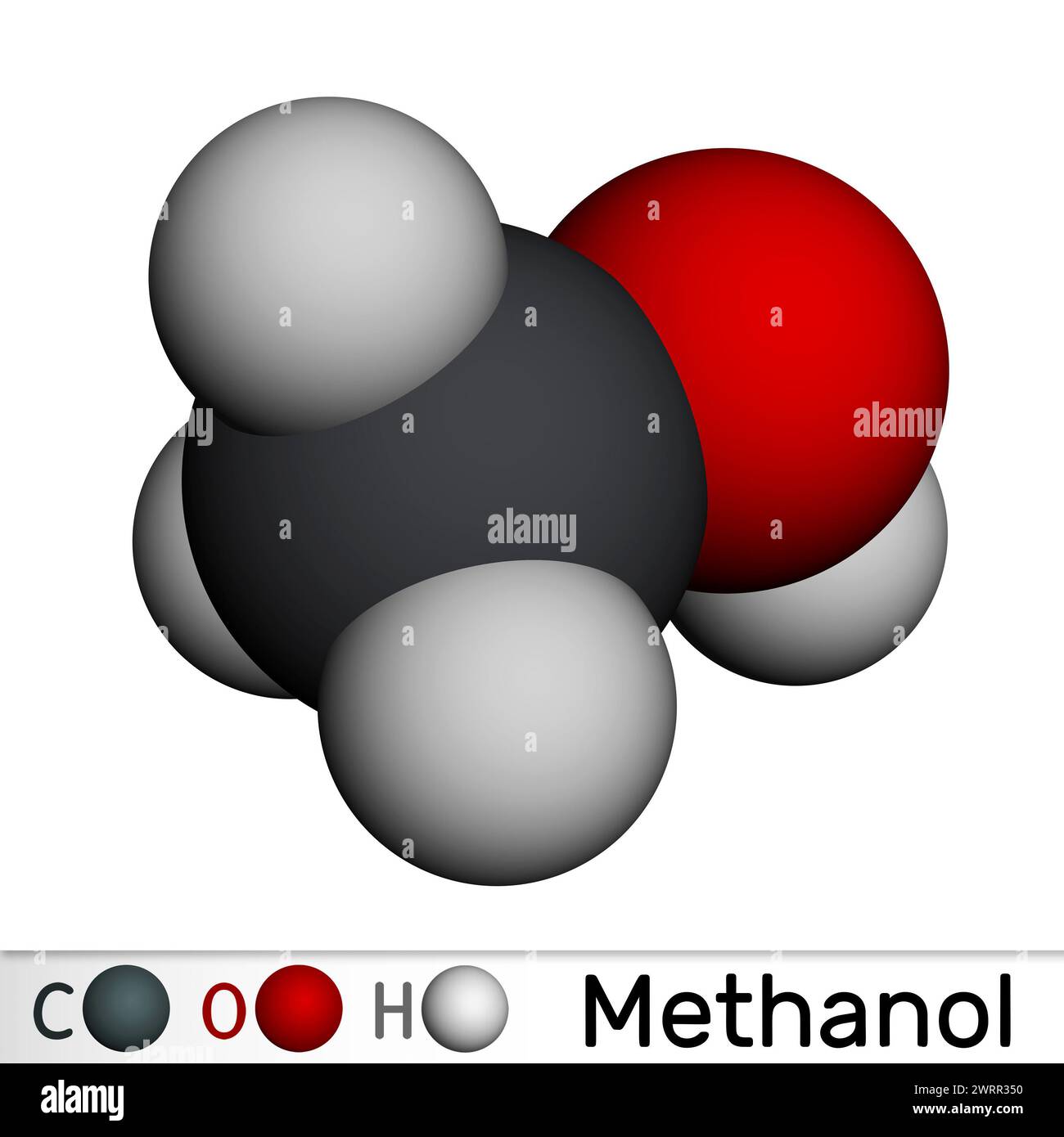 Methanol, Methylalkohol, Molekül. Zuckerersatz und Molekularmodell E951. 3D-Rendering. Abbildung Stockfoto