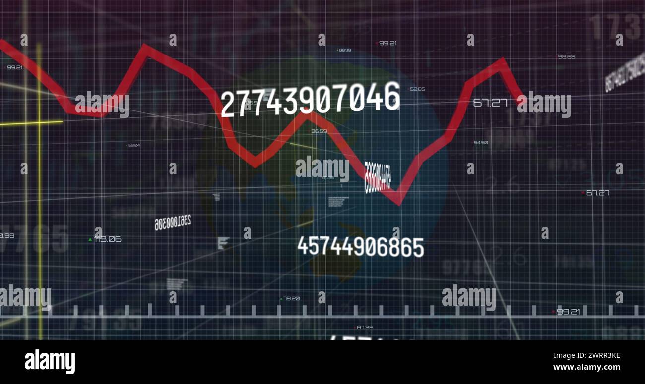 Bild von Datenverarbeitung und Globus auf schwarzem Hintergrund Stockfoto