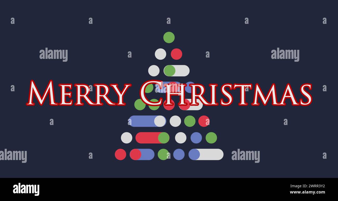 Bild von Text Frohe Weihnachten über einem Weihnachtsbaum aus bunten Kreisen digitale Komposition Stockfoto