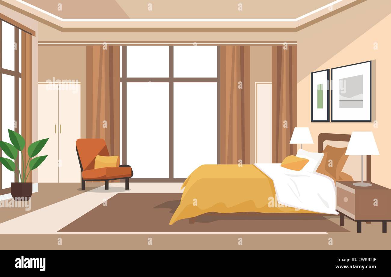 Flaches Design des Schlafzimmers mit Bett Möbel Fenster und Pflanze im Hotel Stock Vektor