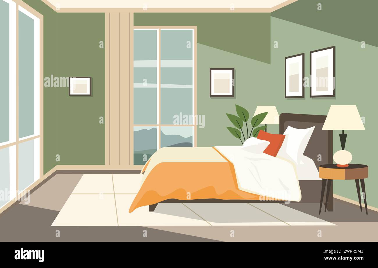Flaches Design des Schlafzimmers mit Bett Möbel Fenster und Pflanze im Hotel Stock Vektor