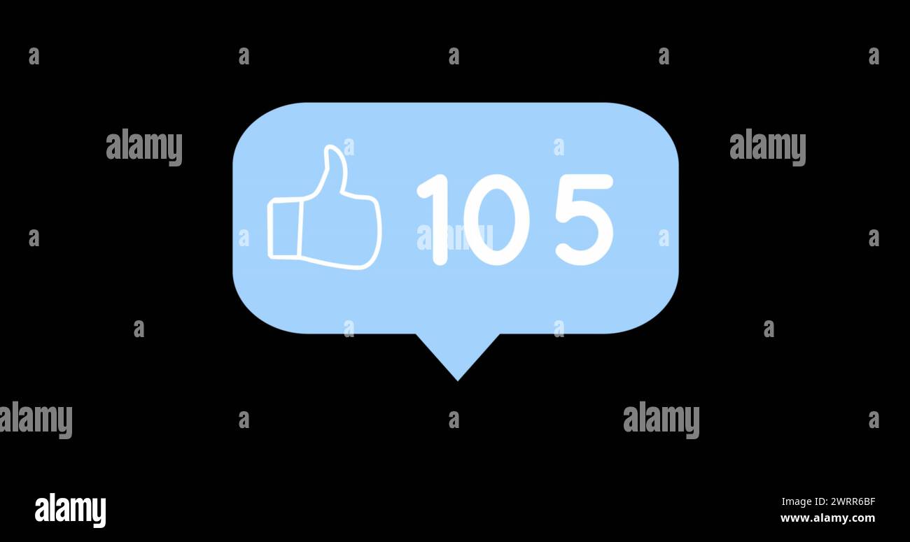 Blaues Symbol für Nachrichtenblase mit „gefällt mir“ auf schwarzem Hintergrund in 4K für soziale Medien. Stockfoto