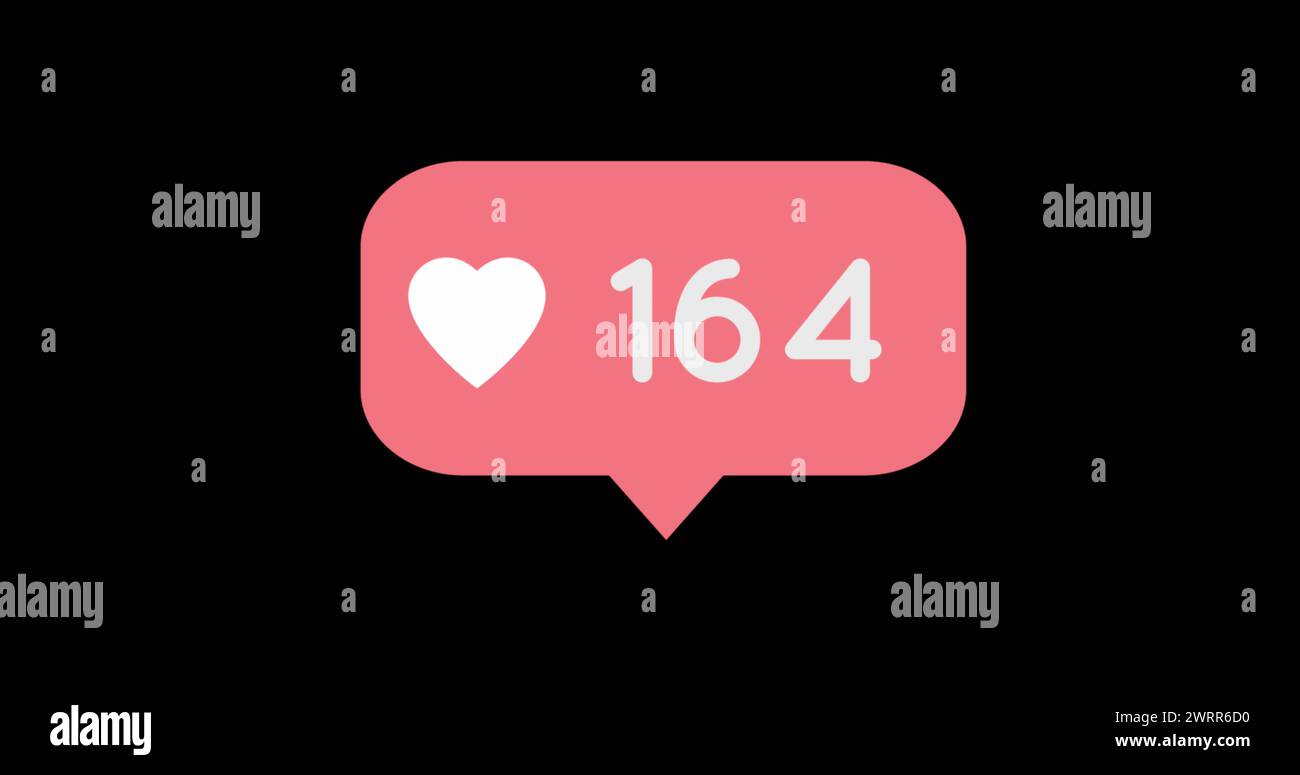 Digitales Bild einer pinken Nachrichtenblase mit steigenden Zahlen und einem Herzsymbol für soziale Medien Stockfoto