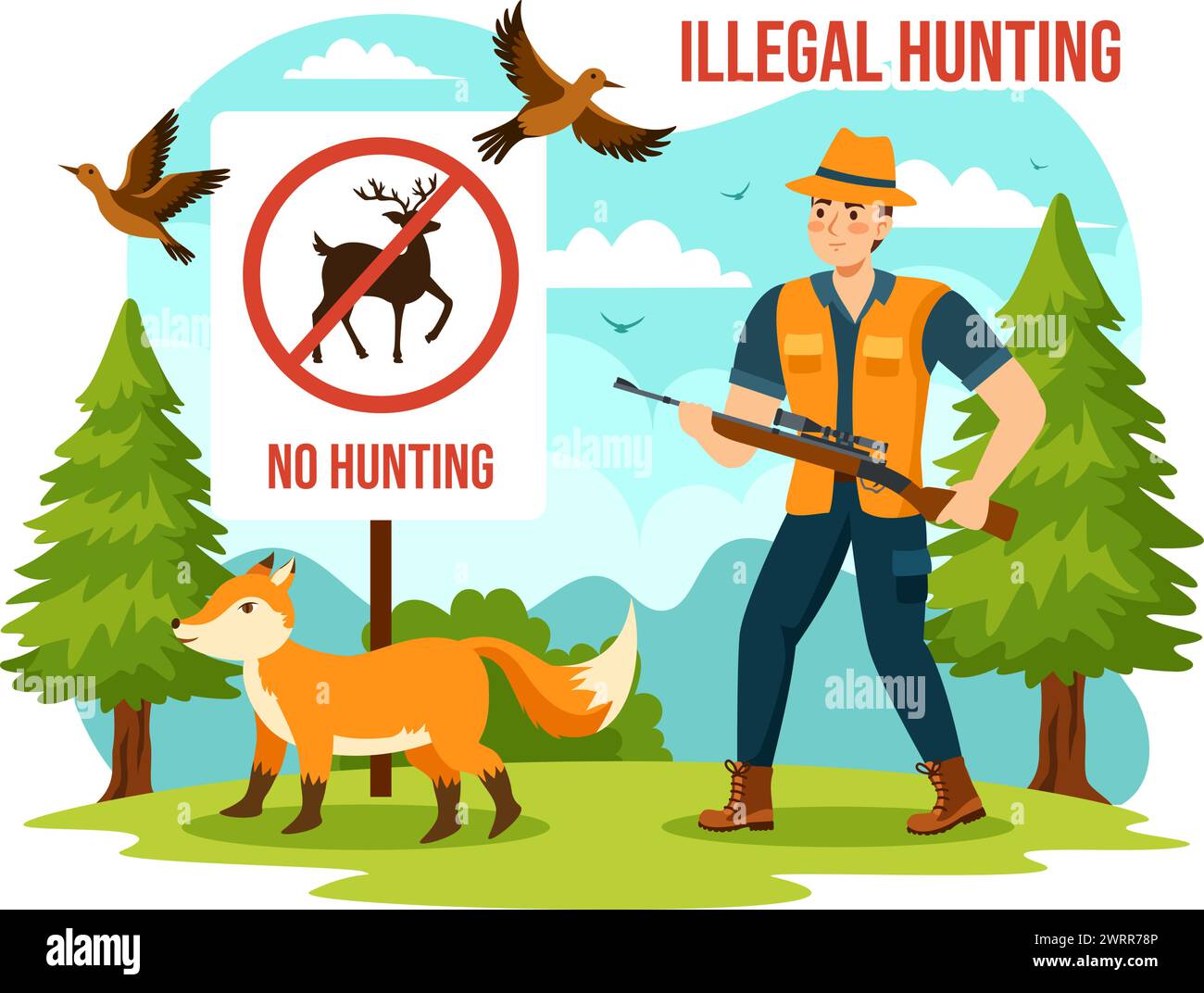 Illegale Jagd Vektor Illustration durch Schießen, Nehmen wilder Tiere und Pflanzen, um in Flat Cartoon Hintergrund Design zu verkaufen Stock Vektor