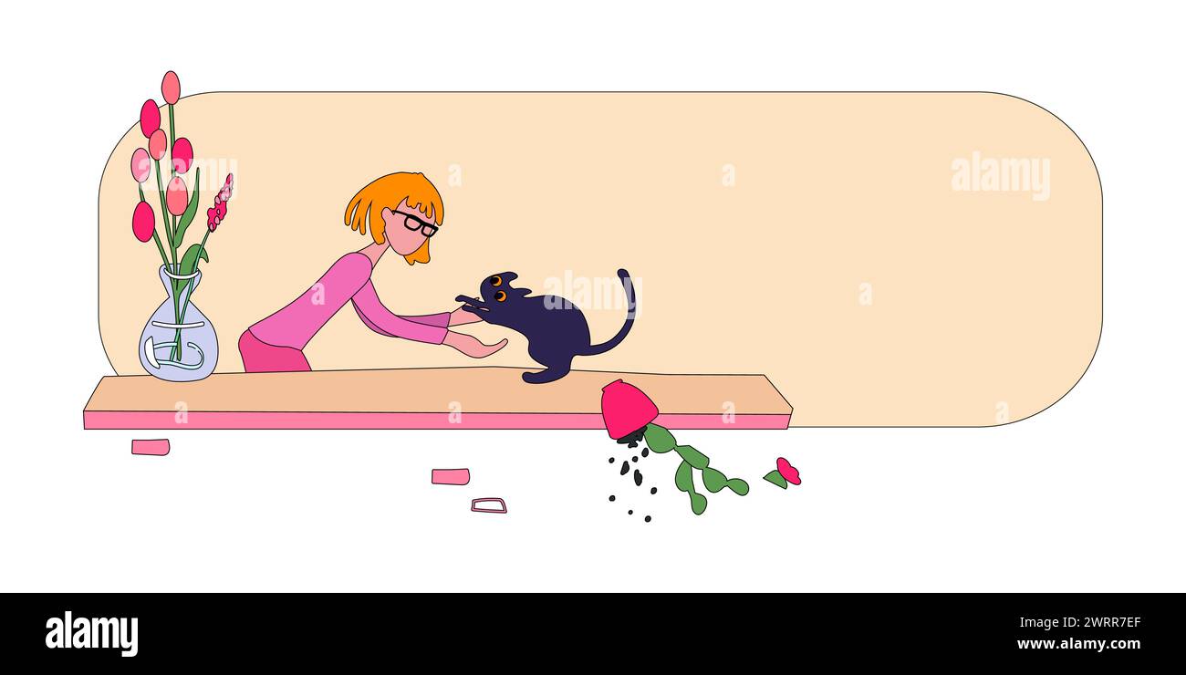 Eine junge Frau nimmt eine Katze von der Fensterbank. Das Kätzchen hat einen Blumentopf fallen lassen. Szene der Liebe und Freundschaft zwischen Mensch und Tier für Poster. Illustration des flachen Vektors Stock Vektor