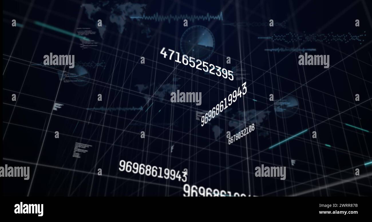 Bild von sich ändernden Zahlen und Datenverarbeitung auf schwarzem Hintergrund Stockfoto