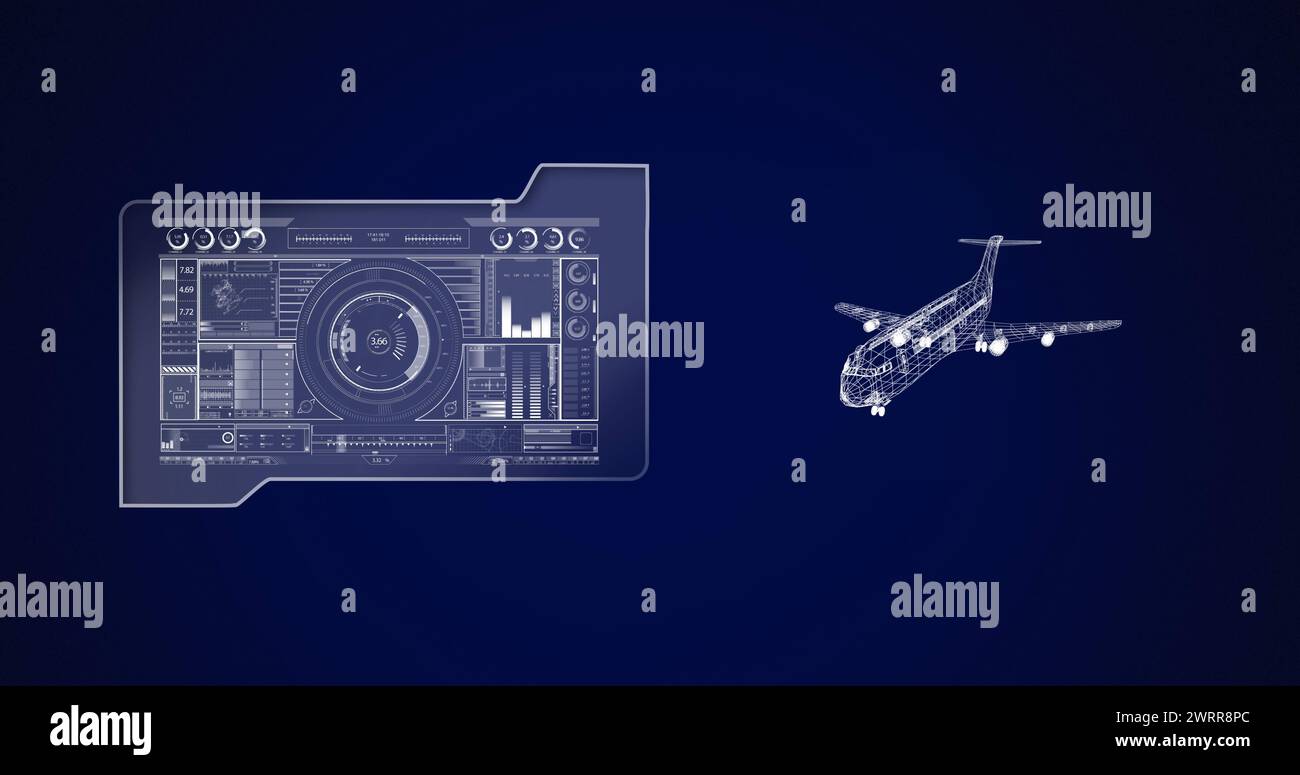 Bild einer 3d-Flugzeugzeichnung mit Scanting und Datenverarbeitung Stockfoto
